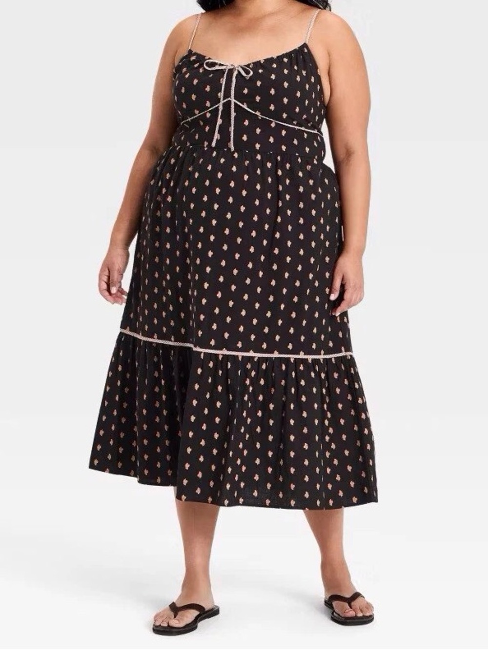 Black Spotted Maxi Dress with Tie-Front and Ruffle Hem